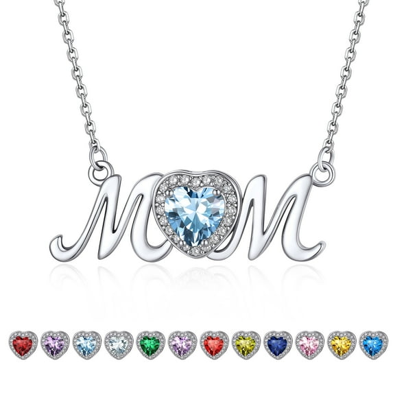 Bestyle S925 Sterling Silver Necklace for Mom Grandma Shiny CZ Heart Pendant Necklace March Created Aquamarine Birthstone Jewelry Mother's Day Gift