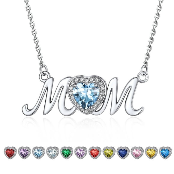 Bestyle S925 Sterling Silver Necklace for Mom Grandma Shiny CZ Heart Pendant Necklace March Created Aquamarine Birthstone Jewelry Mother's Day Gift