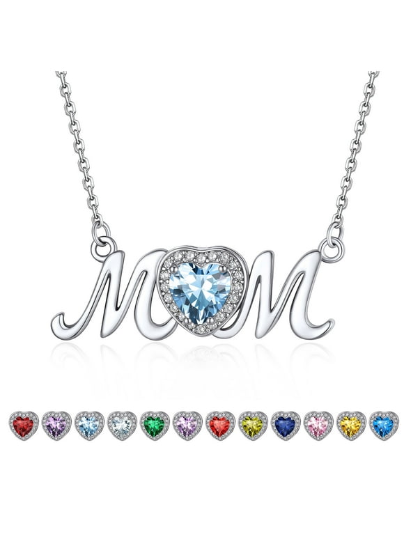 S925 Sterling Silver Necklace for Mom Grandma Shiny CZ Heart Pendant Necklace March Created Aquamarine Birthstone Jewelry Mother's Day Gift