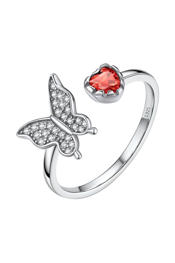 Sparkling Butterfly Ring with Heart Ruby Sterling Silver Adjustable Ring for Women Cute Butterfly July Birthstone Jewelry Gift