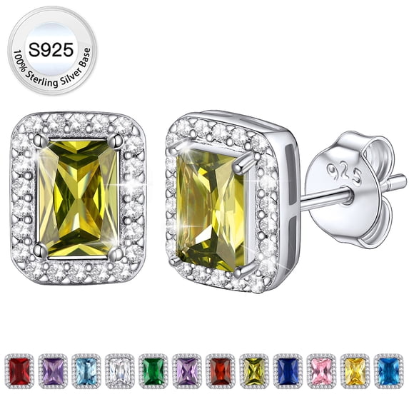 Bestyle Square Diamond Stud Earrings August Peridot Birthstone Earrings, Pure 925 Sterling Silver Earrings Birthday Jewelry Gift for Women