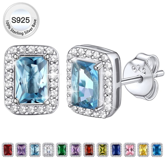Bestyle Square Diamond Stud Earrings March Aquamarine Birthstone Earrings, Pure 925 Sterling Silver Earrings Birthday Jewelry Gift for Women