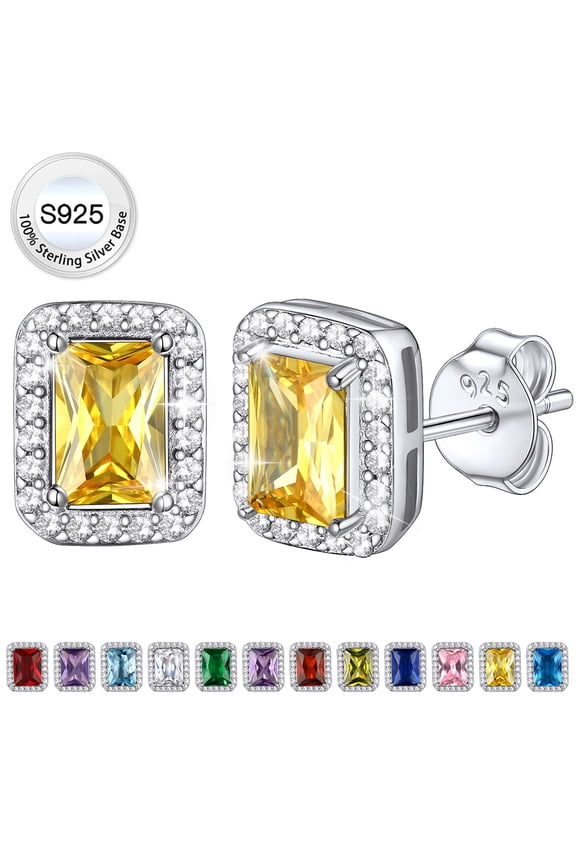 Square Diamond Stud Earrings November Citrine Birthstone Earrings, Pure 925 Sterling Silver Earrings Birthday Jewelry Gift for Women