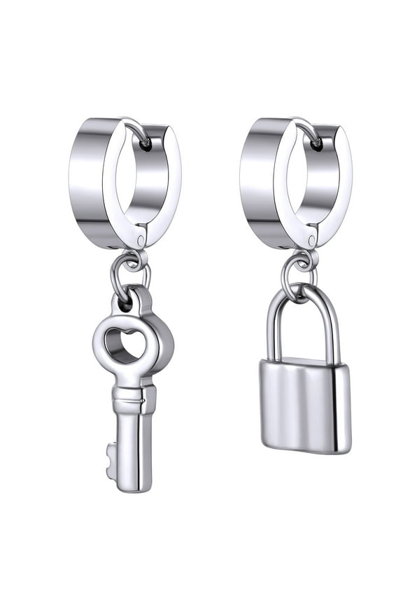Stainless Steel Lock and Key Dangle Earrings for Men Women Boho Hoop Huggie Earrings Hypoallergenic Trendy Jewelry - Silver