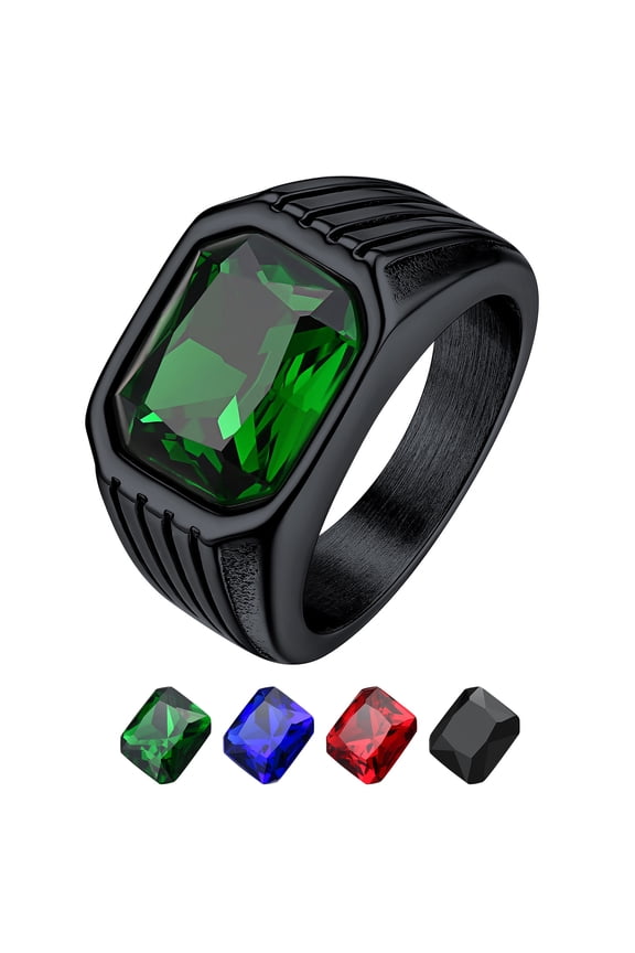 Stainless Steel Rings for Men Large Green Created Emerald Signet Ring Gemstone Thumb Band Rings Gift for Birthday Christmas, Size 7-14