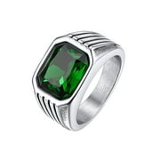 Stainless Steel Rings for Men Large Green Emerald Signet Ring Gemstone Thumb Band Rings Gift for Birthday Christmas, Size 7-14