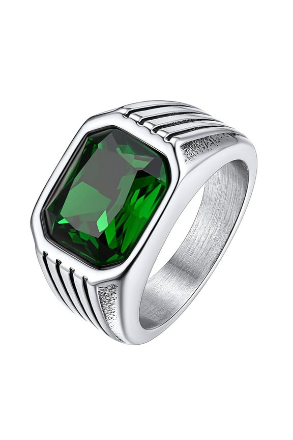 Stainless Steel Rings for Men Large Green Emerald Signet Ring Gemstone Thumb Band Rings Gift for Birthday Christmas, Size 7-14