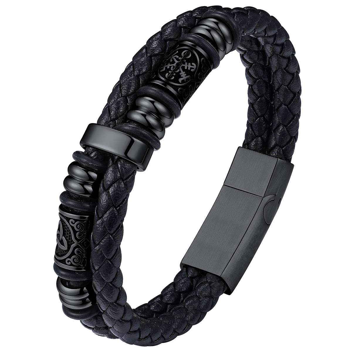 Bestyle Black Leather Bracelets for Men, Fashion Stainless Steel