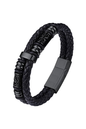 Black Leather Bracelets for Men, Fashion Stainless Steel Celtic Beaded Wristband Gifts for Birthday Valentine's Day, 8.3 Inch
