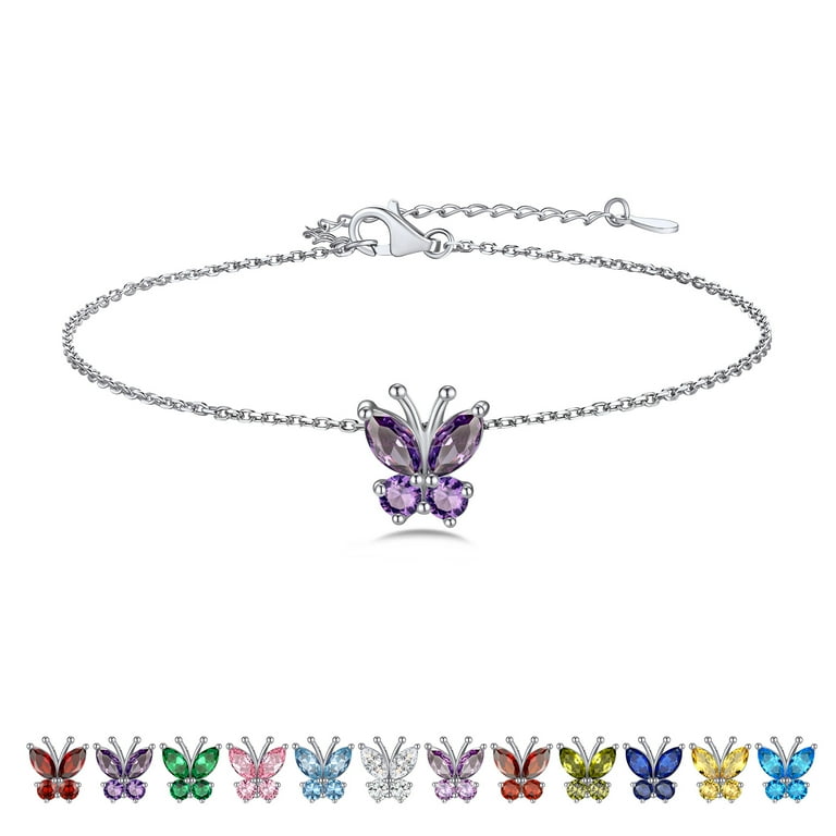 Butterfly Anklet Ankle Bracelet Purple Crystal Dangle Adjustable Sterling Silver Butterfly Anklet Ankle Bracelet Purple Crystal Dangle Adjustable Sterling Silver