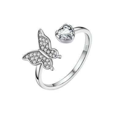Bestyle Sterling Silver Butterfly Open Ring with Full Cubic Zirconia, Shining Crystal Birthstone Ring April Birthday Christmas Gift