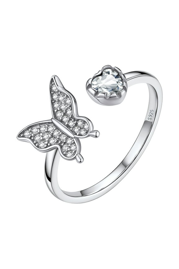 Sterling Silver Butterfly Open Ring with Full Cubic Zirconia, Shining Crystal Birthstone Ring April Birthday Christmas Gift