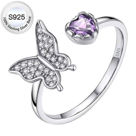 Bestyle Pure S925 Sterling Silver Butterfly Open Ring with Full Cubic Zirconia, Shining Crystal Birthstone Ring February Birthday Mother's Day Gift