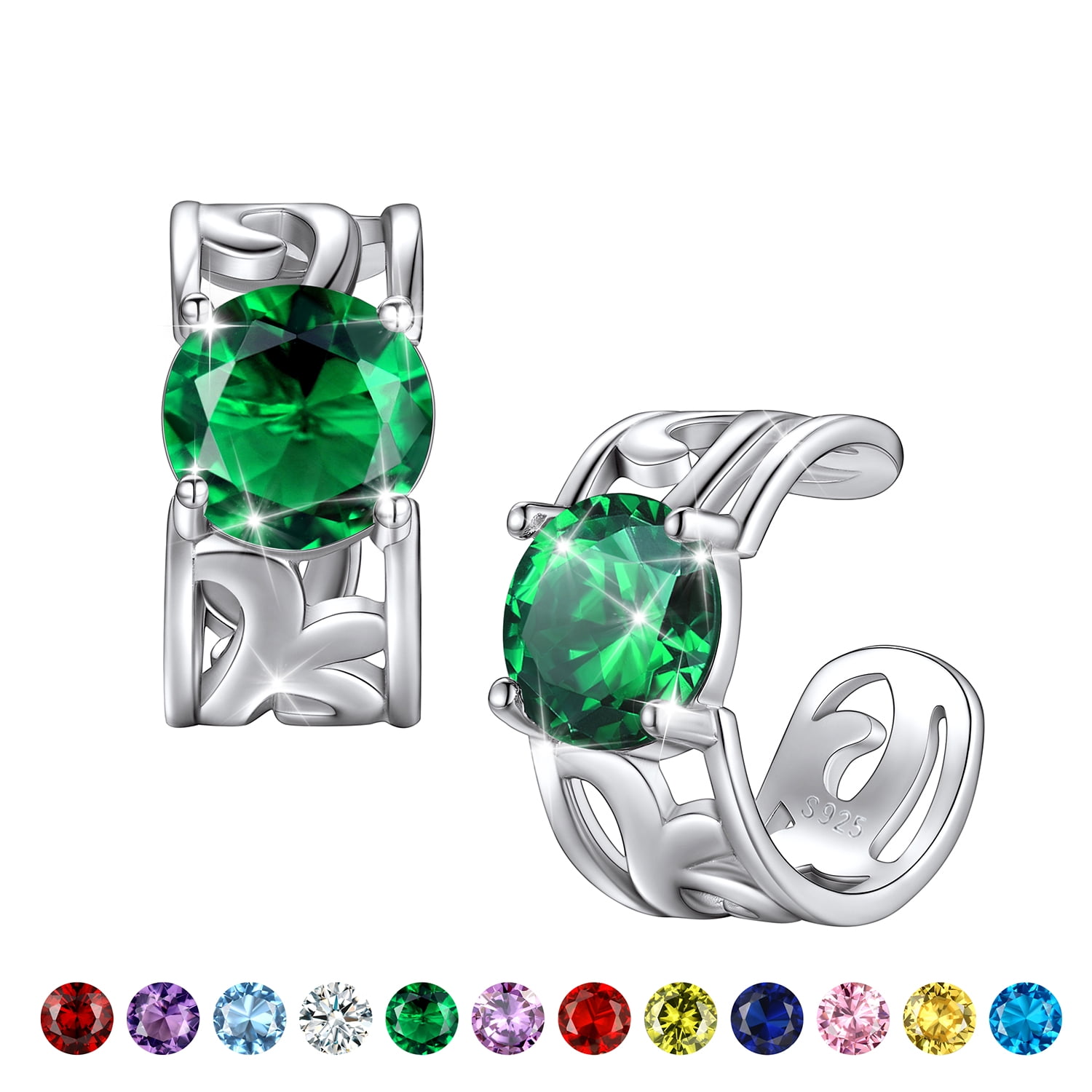 Bestyle Sterling Silver Ear Cuff Birthstone Earrings, May Emerald Clip On Cartilage Earrings for Women Christams Jewelry Gifts