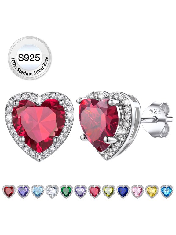 Pure 925 Sterling Silver Earrings for Women, 2.0CT Solitaire Synthetic Ruby Studs Birthstone Jewelry Gifts for Birthday Mother's Day