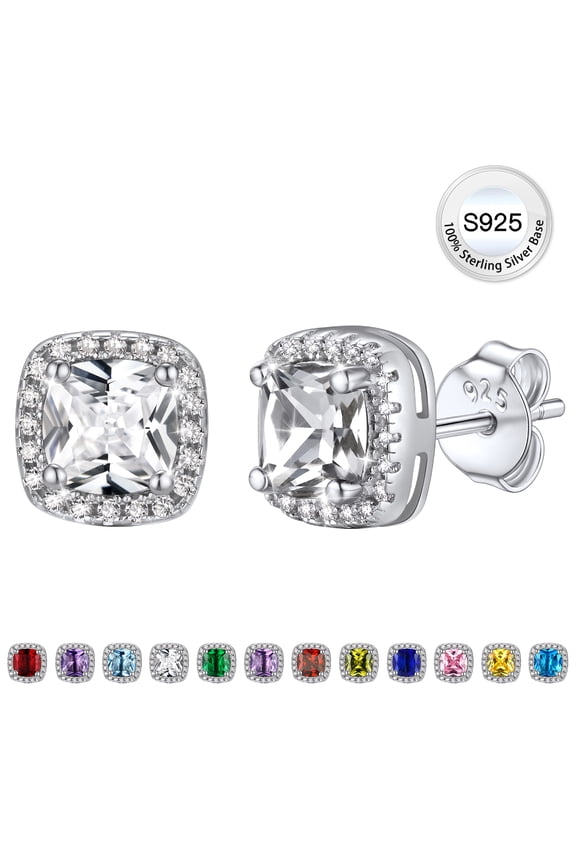 Pure 925 Sterling Silver Earring Studs for Women, Square Created Diamond Birthstone Earrings Jewelry Gift for Everyday Wear Graduation Wedding