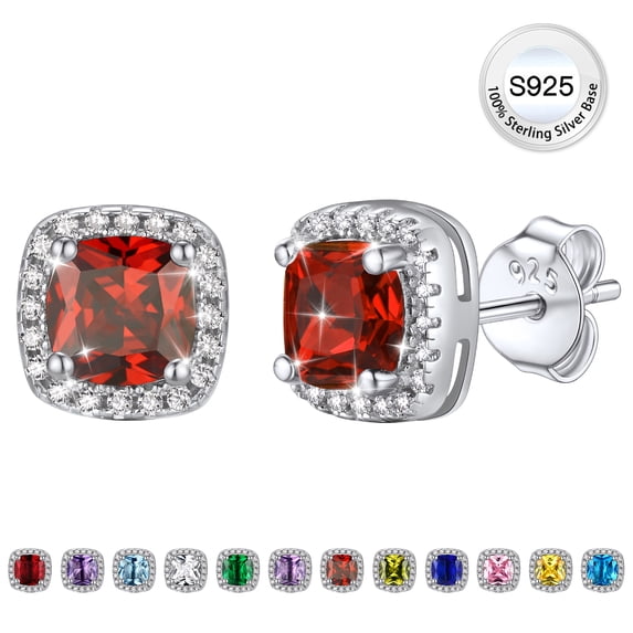 Bestyle Pure 925 Sterling Silver Earring Studs for Women, Square Ruby Birthstone Earrings Jewelry Gift for Everyday Wear Valentines Day