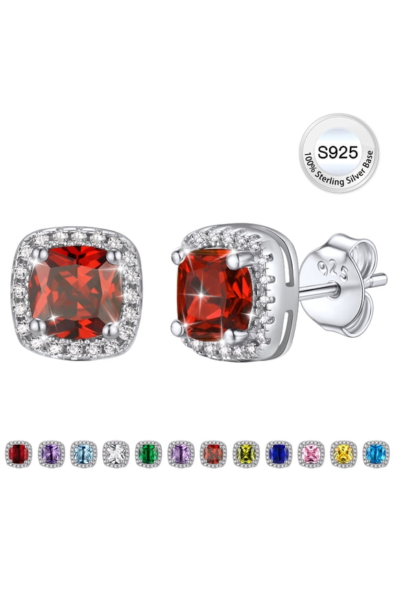 Pure 925 Sterling Silver Earring Studs for Women, Square Ruby Birthstone Earrings Jewelry Gift for Everyday Wear Mother's Day