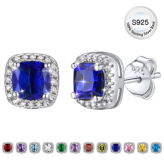 Bestyle Pure 925 Sterling Silver Earring Studs for Women, Square Sapphire Birthstone Earrings Jewelry Gift for Everyday Wear Valentines Day