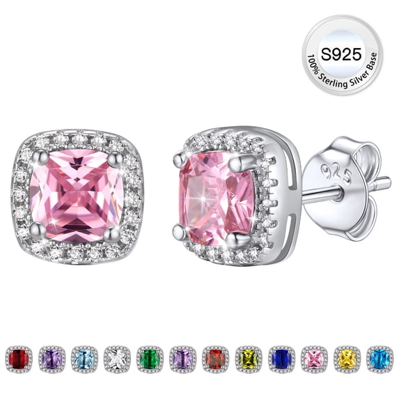 Bestyle Pure 925 Sterling Silver Earring Studs for Women, Square Tourmaline Birthstone Earrings Jewelry Gift for Everyday Wear Valentines Day