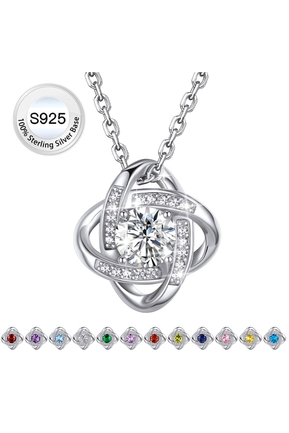 Pure 925 Sterling Silver Love Knot Necklace Synthetic Diamond Birthstone Pendant Necklace Mother's Day Birthday Graduation Gifts for Women, April