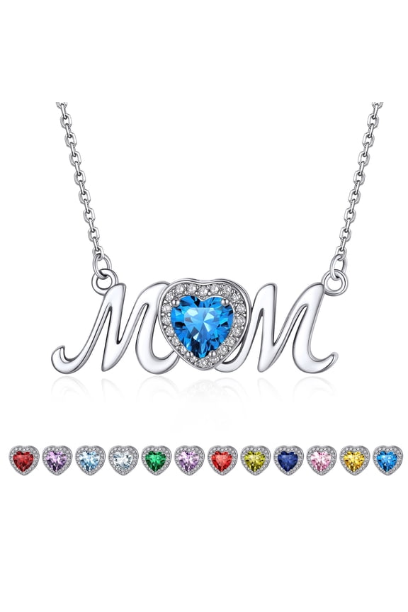 Sterling Silver MOM Heart Necklace with Shiny Topaz and Created White Zircons, December Birthstone Jewelry Gift for Wife Mom Mother in Law