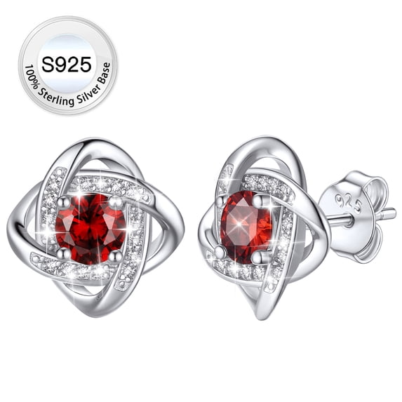 Bestyle Pure 925 Sterling Silver Stud Earrings Created Garnet Flower Knot Earrings Birthstone Jewelry Gifts for Mother's Day Christmas Graduation, January