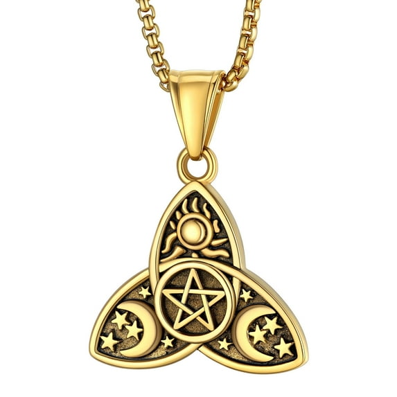 Bestyle Sun Moon Star Necklace Stainless Steel Triple Pendant Nacklace for Women Pagan Wicca Amulet Jewelry (Gold Plated)