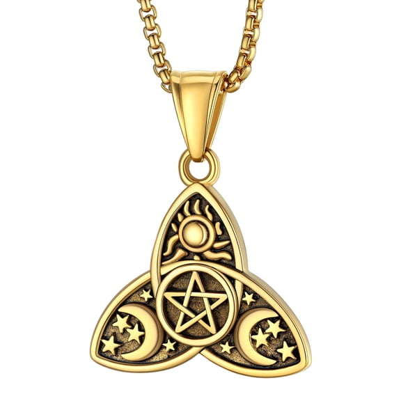 Bestyle Sun Moon Star Necklace Stainless Steel Triple Pendant Nacklace for Women Pagan Wicca Amulet Jewelry (Gold Plated)