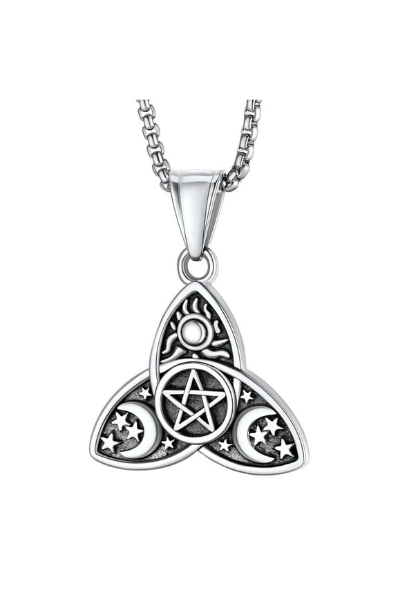 Sun Moon Star Necklace Stainless Steel Triple Pendant Nacklace for Women Pagan Wicca Amulet Jewelry (Silver)