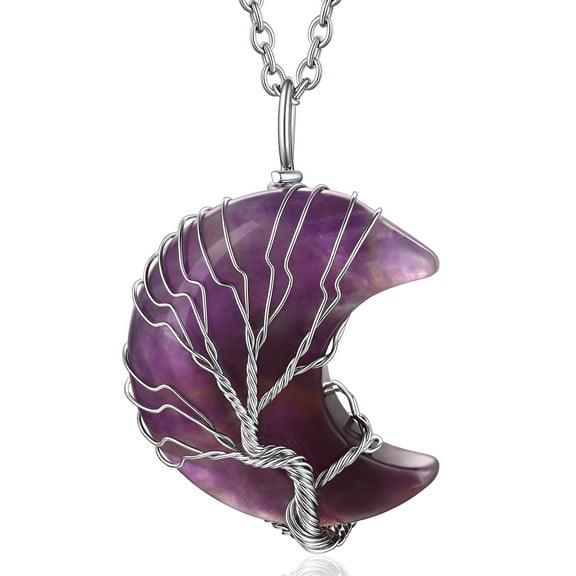 Bestyle Tree of Life Crescent Moon Necklace Nature Amethyst Gemstones Healing Crystal Necklaces February Birthstone Pendant for Women