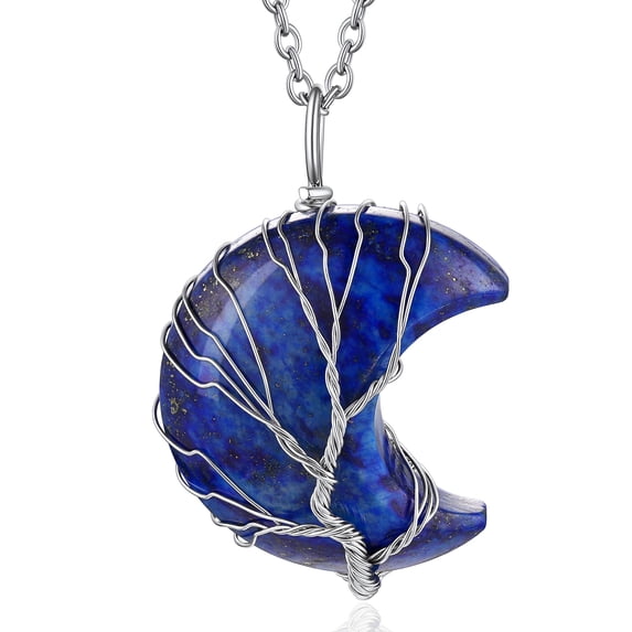 Bestyle Tree of Life Crescent Moon Necklace Nature Lapis Lazuli Healing Crystal Necklaces September Birthstone Jewelry Gifts for Mother's Day Birthday