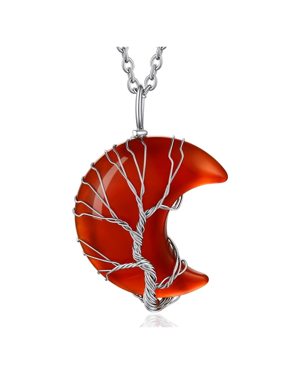 Tree of Life Crescent Moon Necklace Nature Red Agate Healing Crystal Necklaces January Birthstone Jewelry Gifts for Birthday Christmas
