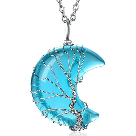 Bestyle Tree of Life Crescent Moon Necklace Synthetic Aquamarine Gemstones Healing Crystal Necklaces March Birthstone Pendant for Women