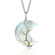 Bestyle Tree of Life Crescent Moon Necklace Synthetic Moonstone Gemstones Healing Crystal Necklaces June Birthstone Pendant for Women Gilrs