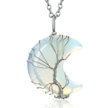 Bestyle Tree of Life Crescent Moon Necklace Synthetic Moonstone Gemstones Healing Crystal Necklaces June Birthstone Pendant for Women