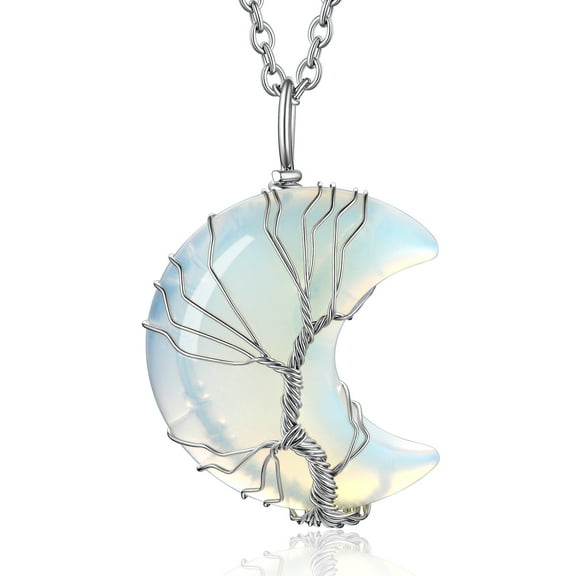 Bestyle Tree of Life Crescent Moon Necklace Synthetic Moonstone Gemstones Healing Crystal Necklaces June Birthstone Pendant for Women