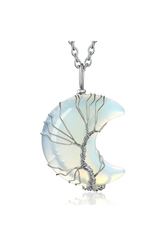 Tree of Life Crescent Moon Necklace Synthetic Moonstone Healing Crystal Necklaces June Birthstone Jewelry Gifts for Mother's Day Birthday