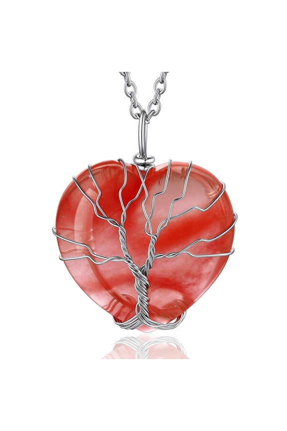 Tree of Life Heart Crystal Necklaces July Birthstone Pendant Nature Red Agate Gemstones Healing Jewelry Gifts for Mother's Day Birthday