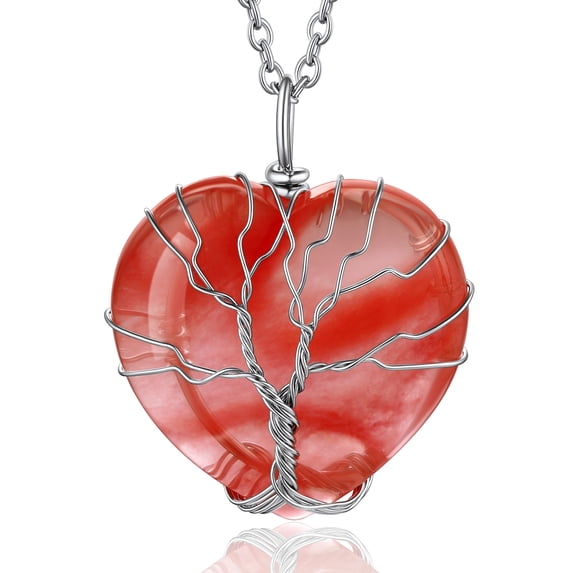Bestyle Tree of Life Heart Crystal Necklaces July Birthstone Pendant Nature Red Agate Gemstones Healing Jewelry Gifts for Mother's Day Birthday