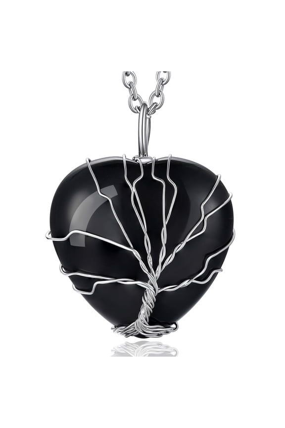 Tree of Life Pendant Necklace for Women, Heart Healing Crystal Necklace Black Onyx Gemstone Birthday Christmas Gifts