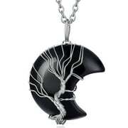 Tree of Life Pendant with Chain, Crescent Moon Healing Crystal Necklace Black Onyx Gemstone Jewelry Gifts for Wife Mom Her