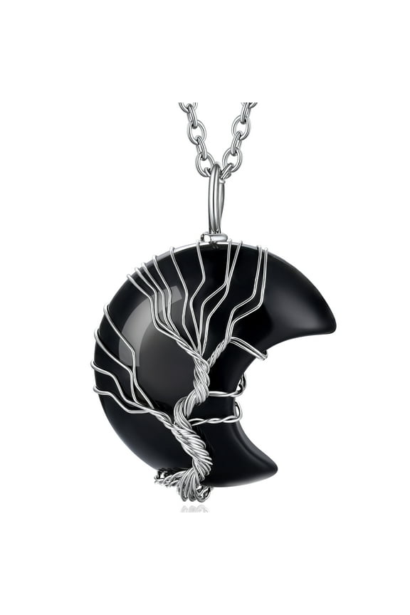 Tree of Life Pendant with Chain, Crescent Moon Healing Crystal Necklace Black Onyx Gemstone Jewelry Gifts for Wife Mom Her
