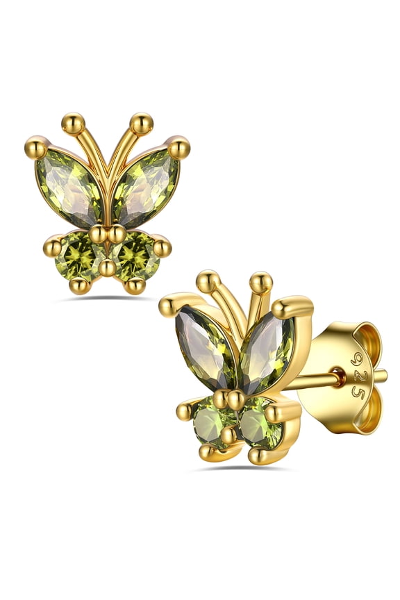 Women August Birthstone Stud Earrings 14K Gold Plated Peridot Butterfly Earrings Gifts for Mother's Day Birthday Everyday Wear