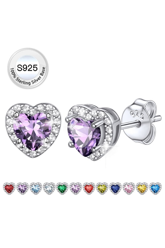 Women Crystal Birthstone Stud Earrings, 925 Sterling Silver Earrings CZ Heart Studs Earrings for Wedding Party Graduation - February