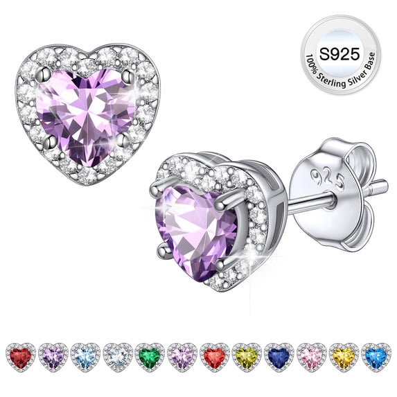 Bestyle Women Crystal Birthstone Stud Earrings, 925 Sterling Silver Earrings CZ Heart Studs Earrings for Wedding Party Valentines Day - June
