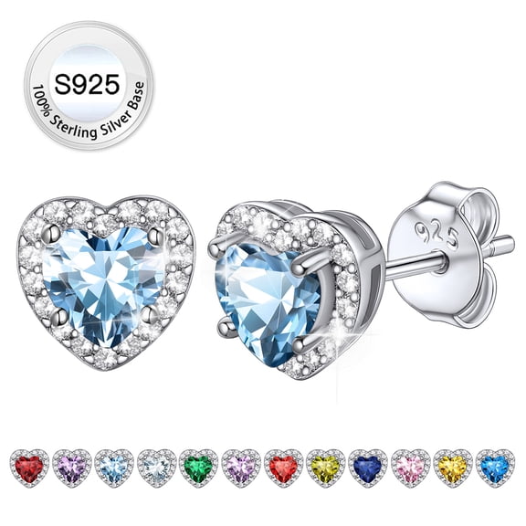 Bestyle Women Crystal Birthstone Stud Earrings, 925 Sterling Silver Earrings CZ Heart Studs Earrings for Wedding Party Mother's Day - March