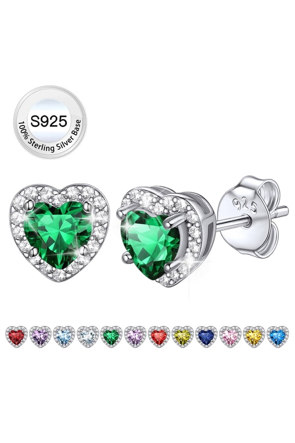 Women Crystal Birthstone Stud Earrings, 925 Sterling Silver Earrings CZ Heart Studs Earrings for Wedding Party Mother's Day - May