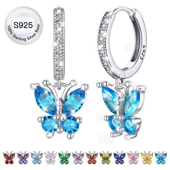 Bestyle Women Pure 925 Sterling Silver Hoop Earrings Synthetic Topaz Butterfly Birthstone Earrings for Sensitive Ear Christmas Birthday Gifts