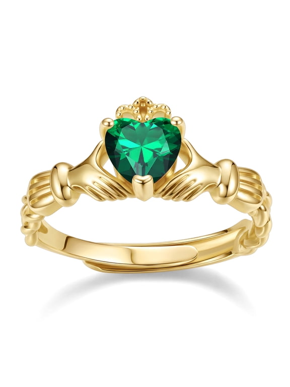 Love Claddagh Promise Rings 14K Gold Plated Heart Emerald Birthstone Ring Christmas Stocking Stuffers for Women Daughter Wife - May